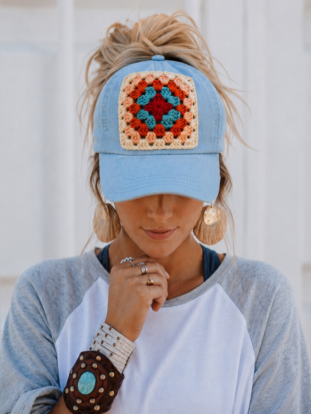 Crochet Granny Square Trucker Hat 🧢 Blue Ponytail Baseball Cap Adjustable Boho - Picture 3 of 11